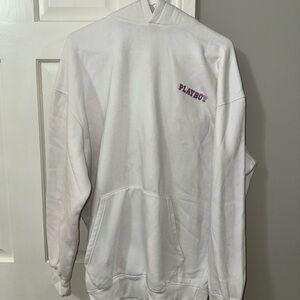 PLAYBOY x MISSGUIDED - Y2K White Hoodie with Purple Logo, Lip Design On Back